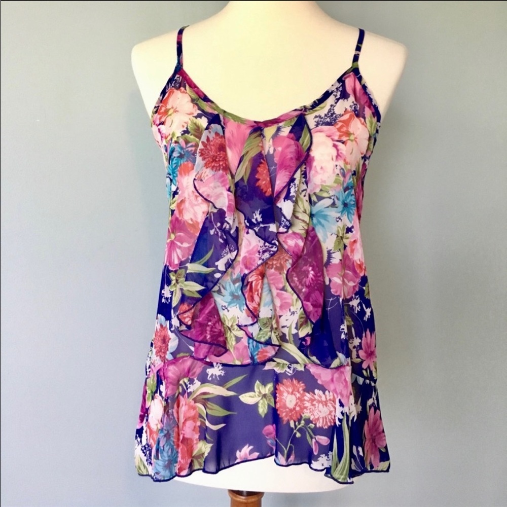 Floral Tank Top Racer Back Ruffles Summer Small 2